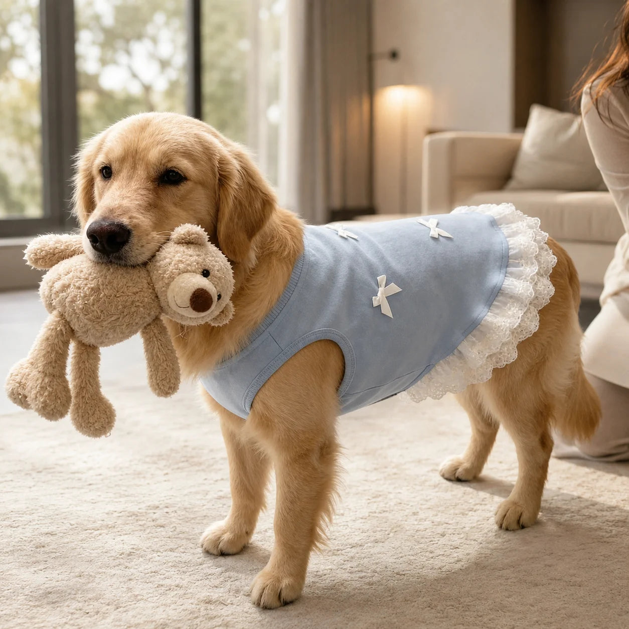 Cute Light Blue Dog Vest Shirt with Lace Hem and Bowknots, Spring Summer Outfit for Large Dogs, Labrador, Golden Retriever