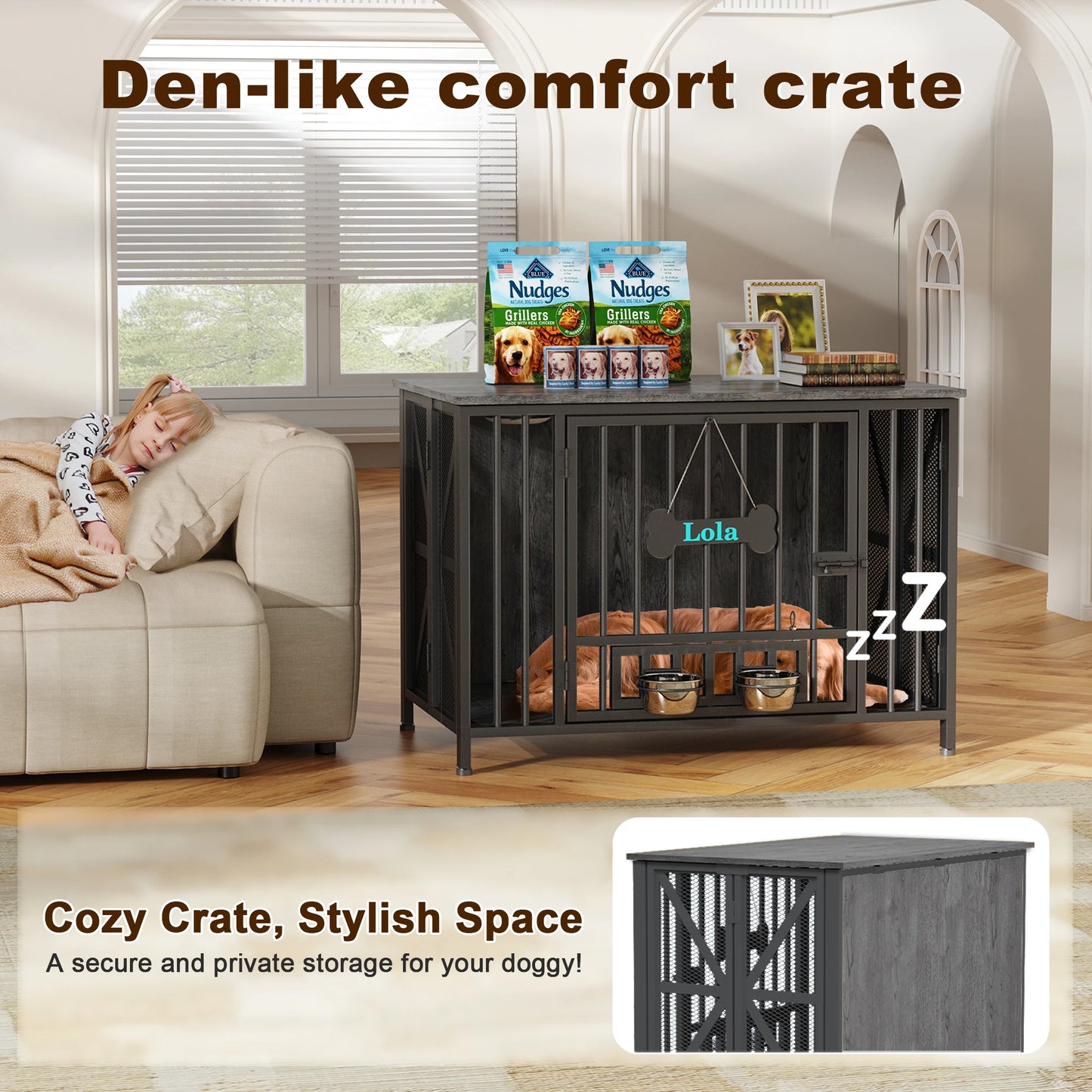 Foldable Large Dog Crate Furniture,31"/41.3"Assembly-Free Dog Crates for Large Dogs,Wooden Dog Kennel Indoor w/ Tag&Dog Bowls