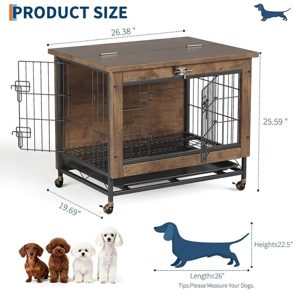 Double-Door Pet Crate urniture, 26 Inch Wooden Dog Kennel with Removable Tray, Indoor Dog House Table or Small Medium Dogs, Chew