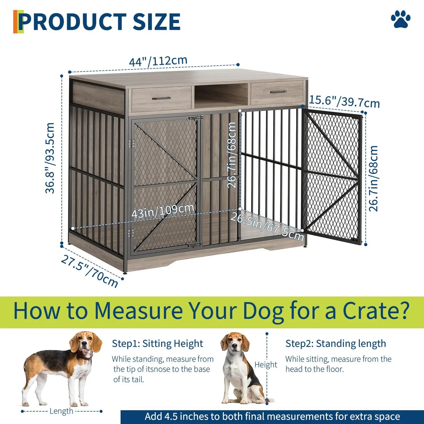 44" Heavy Duty Dog Crate Furniture With Drawers Wooden Pet Kennel Double Door Indoor Dog House End Table For Medium Large Dogs