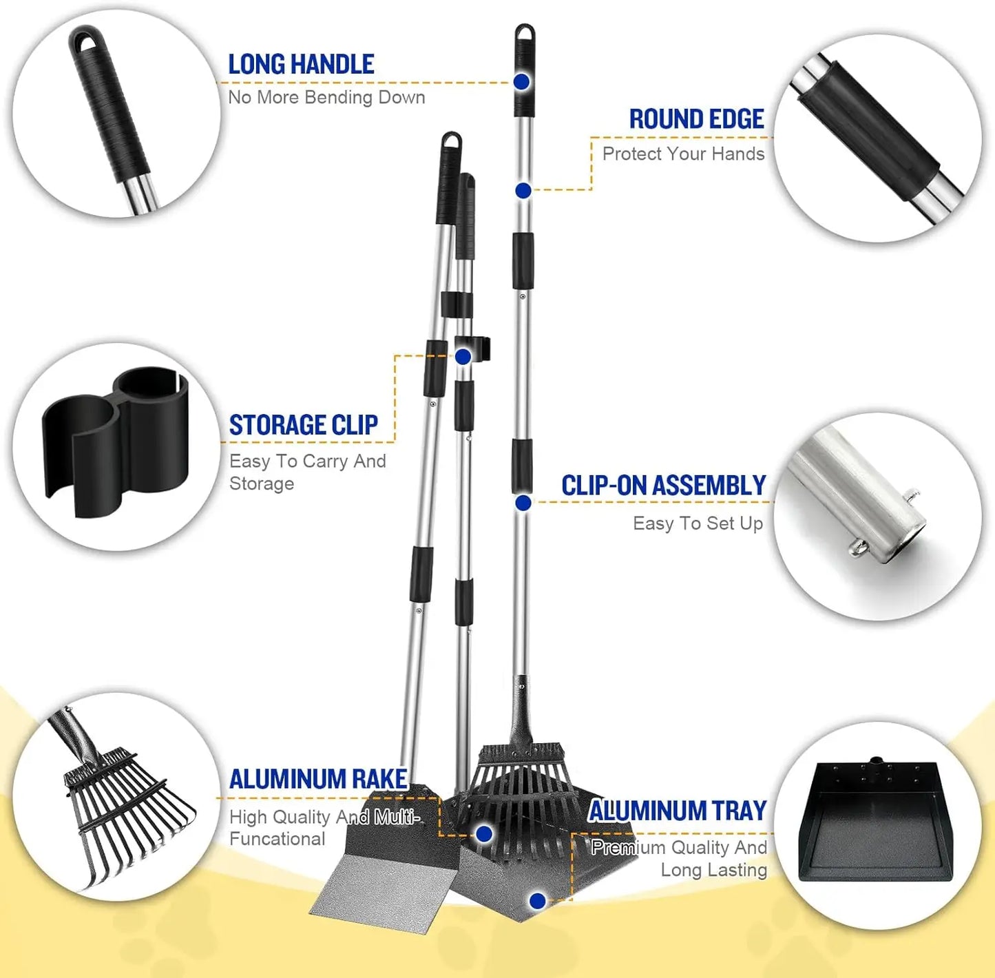 Adjustable Long Handle Dog Poop Scooper Set with Tray, Rake, Spade - Easy Waste Cleanup for Large & Small Dogs