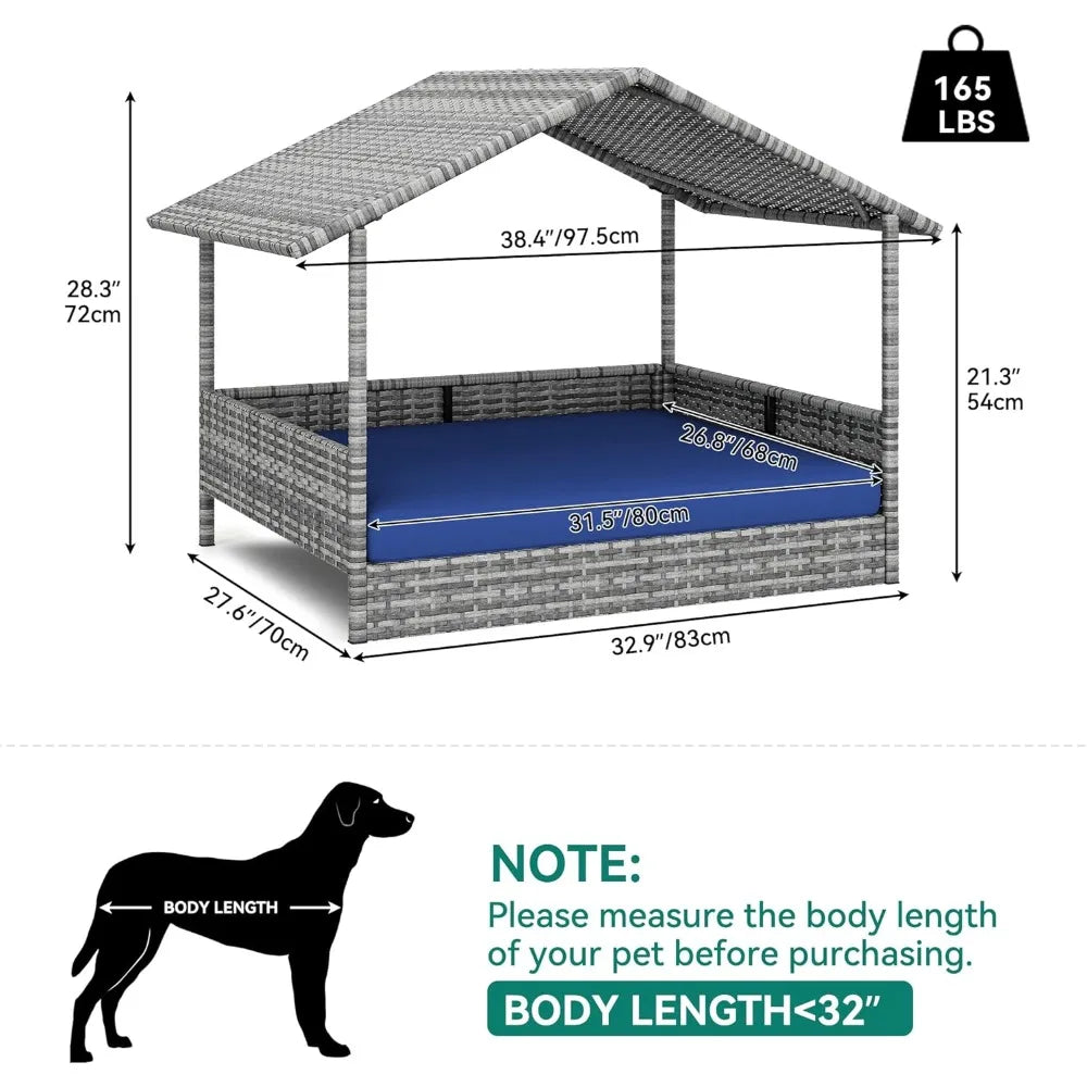 Large Wicker Dog House with Cushion Outdoor Indoor Rattan Doghouse Elevated Raised Dog Bed with Canopy Water Unaffected