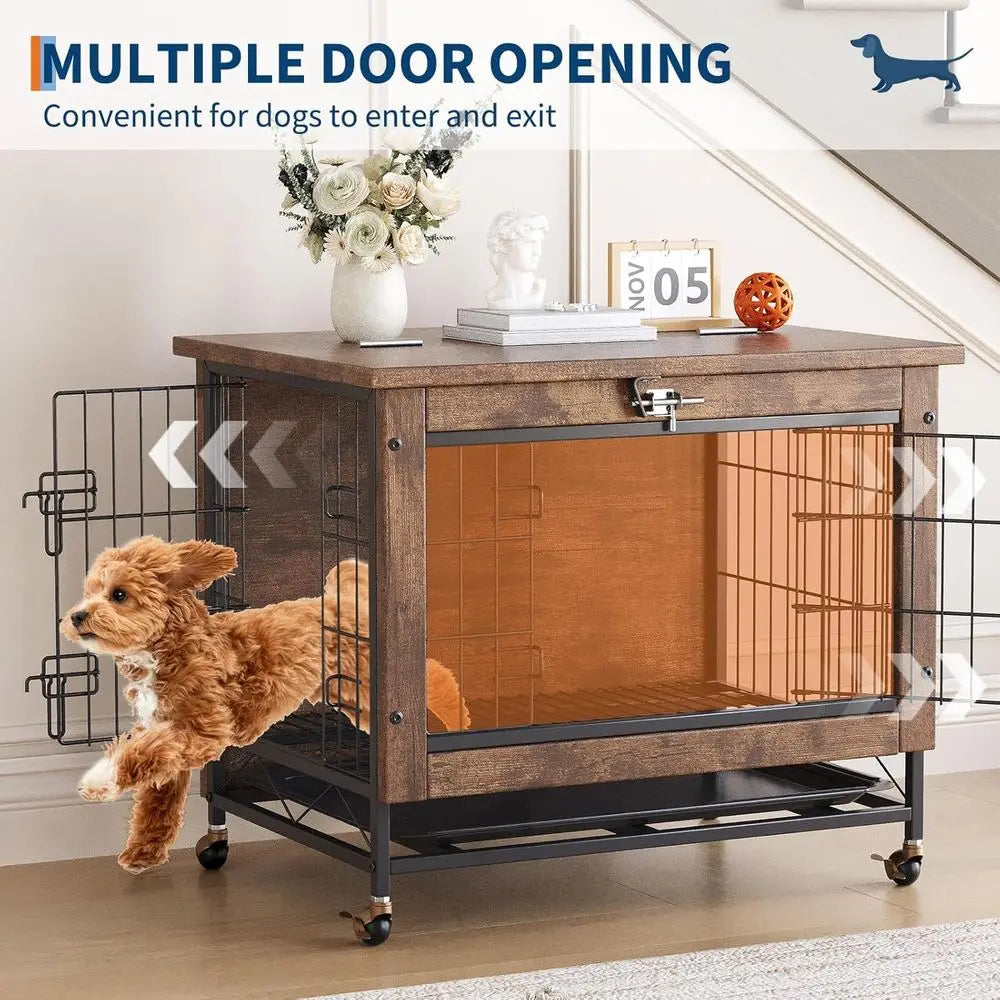Double-Door Pet Crate urniture, 26 Inch Wooden Dog Kennel with Removable Tray, Indoor Dog House Table or Small Medium Dogs, Chew