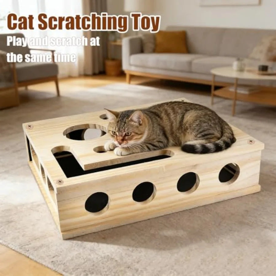 Reinforced Cat Nail File Scratcher Box with 8 Screws Wooden Enrichment Puzzle Toy for Indoor Cats Sandpaper Claw Care Furniture