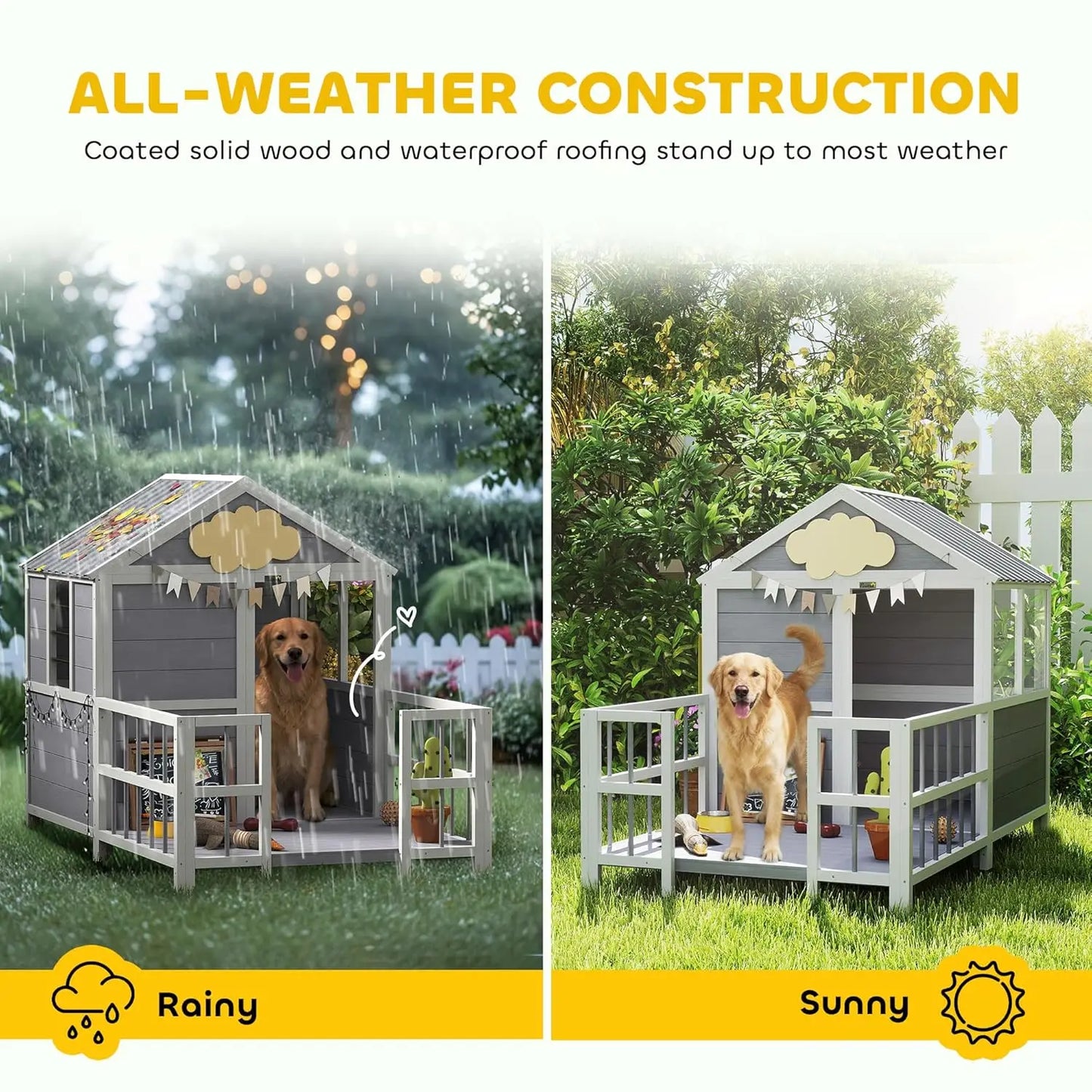 Dog House Outdoor Indoor, 61" x 41" x 47" Wooden Dog Shelter with Porch, Weatherproof Roof, Elevated Floor, Air, Customized
