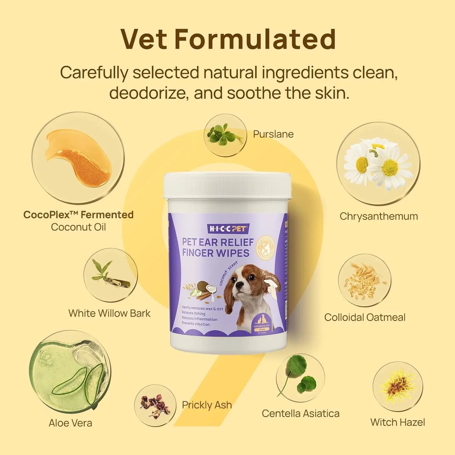 Pet Ear Cleaner Finger Wipes for Dogs & Cats, Vet-Recommended, Relief Itching & Inflammation, 50ct (Coconut Scent)