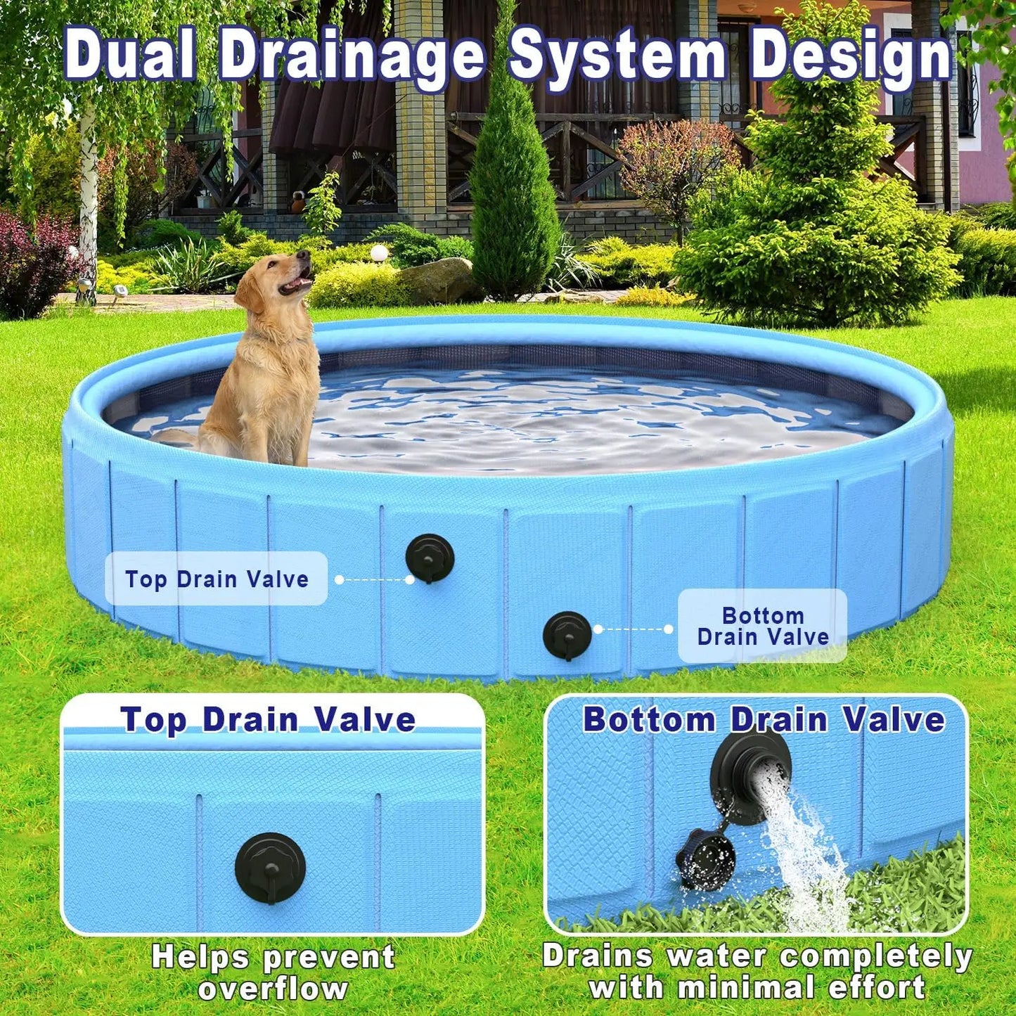 Foldable Dog Pool with Sprinkler, 106" Extra Large Non-Slip Swimming Pool for Dogs, 2-in-1 Outdoor Pet Bathing Tub with Drain Plug