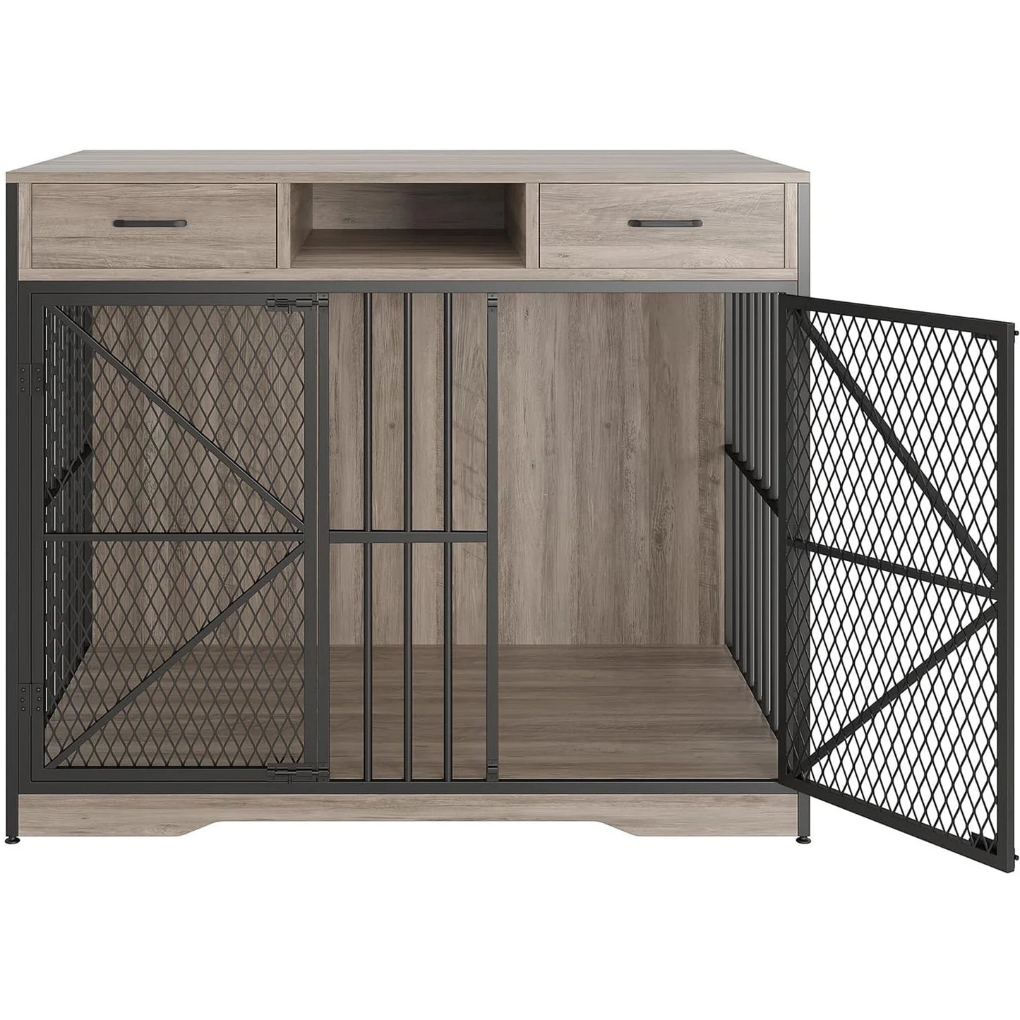 44" Heavy Duty Dog Crate Furniture With Drawers Wooden Pet Kennel Double Door Indoor Dog House End Table For Medium Large Dogs