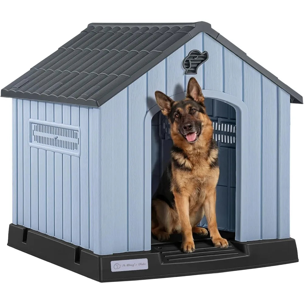 Large Plastic Dog House for Medium Large Dogs, Durable Waterproof Indoor Outdoor Doghouse with Air Vents and Elevated Floor