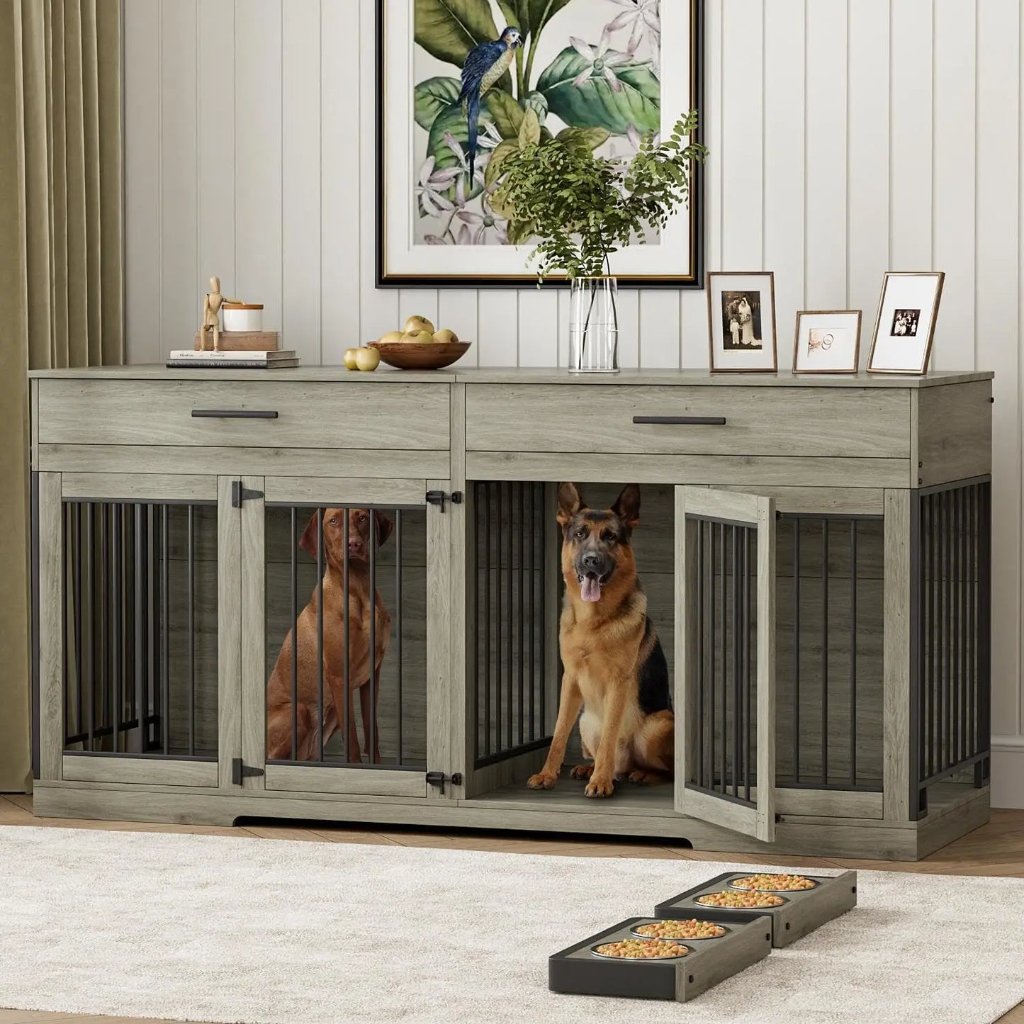 72" Double Dog Crate Furniture with Drawers & Bowls, Wooden Kennel Divider, Indoor Pet House TV Stand Medium Dogs, Custom