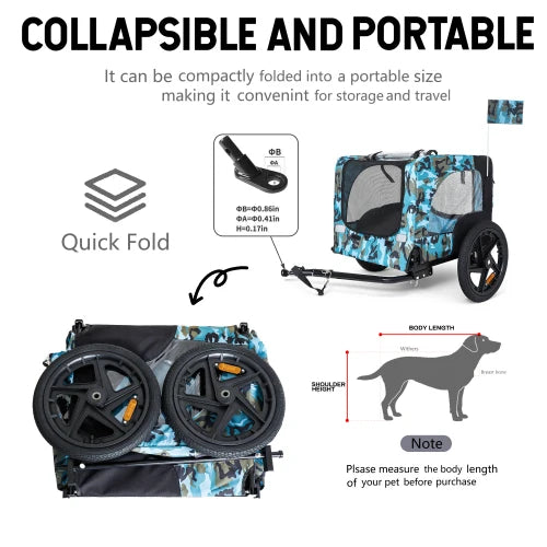 Heavy duty foldable pet bike trailer with 16 inch all terrain wheels and universal hooks, blue+black