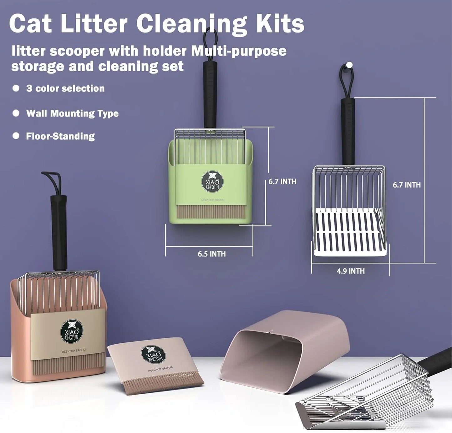 Heavy Duty Stainless Steel Cat Litter Scoop with Holder, Portable Broom and Dustpan Set for Quick Sift and Easy Cleaning