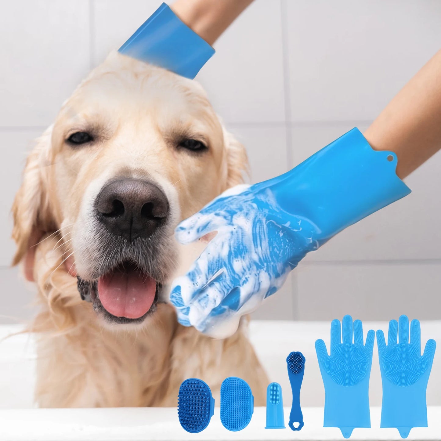 6PCS Pet Grooming Kit Silicone Dog Washing Gloves Dog Toothbrush Finger Dog Bath Gloves Dog Shampoo Brush Dog Cat Bath Supplies