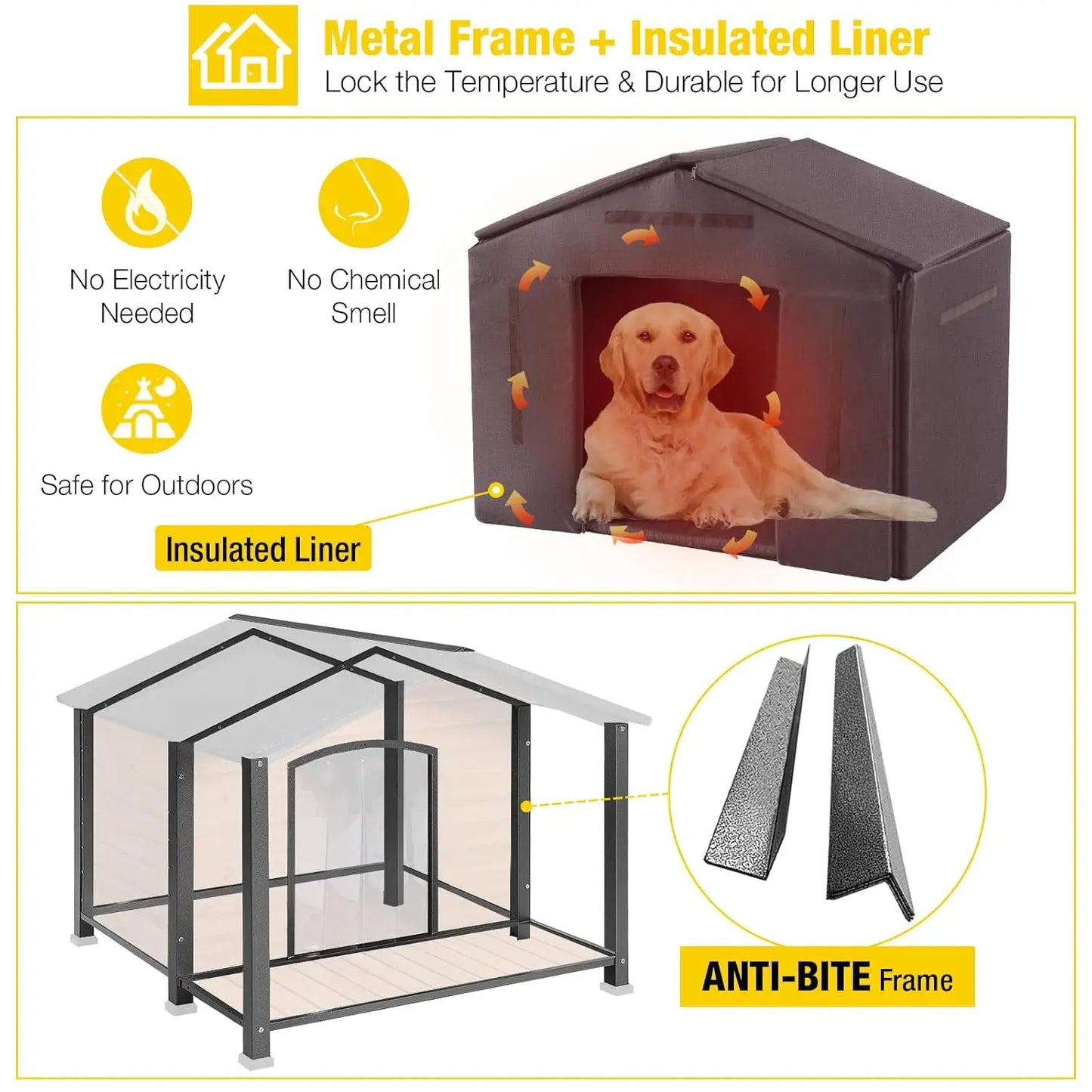 Insulated Outdoor Dog House with Chewproof Metal Frame Weatherproof Kennel for Medium Large Dogs 41.5x41.4x34.1in, Custom