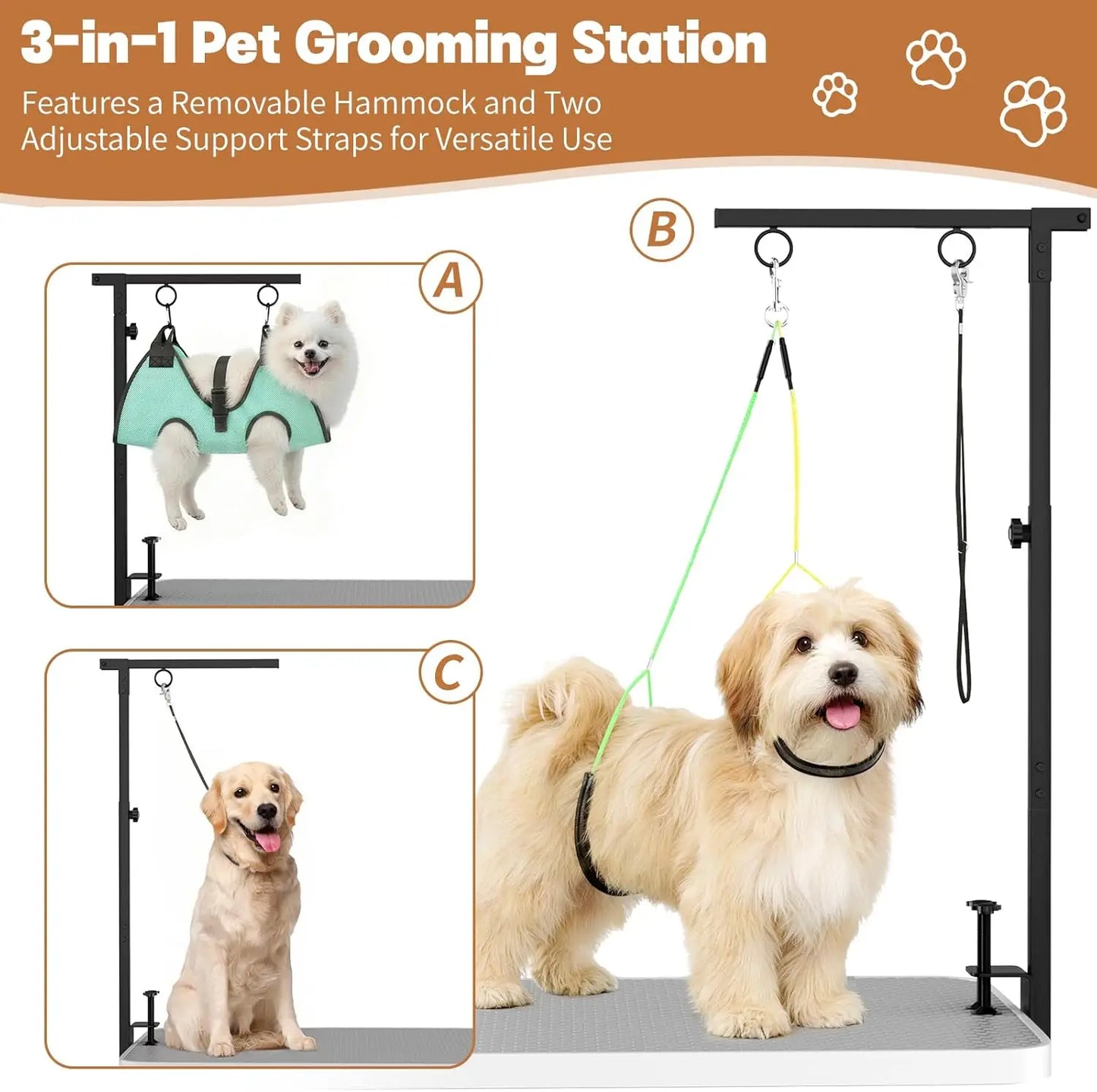 Adjustable Dog Grooming Table with Hammock & Clips - 3-in-1 Pet Stand for Nail Trimming, Haircut & Drying