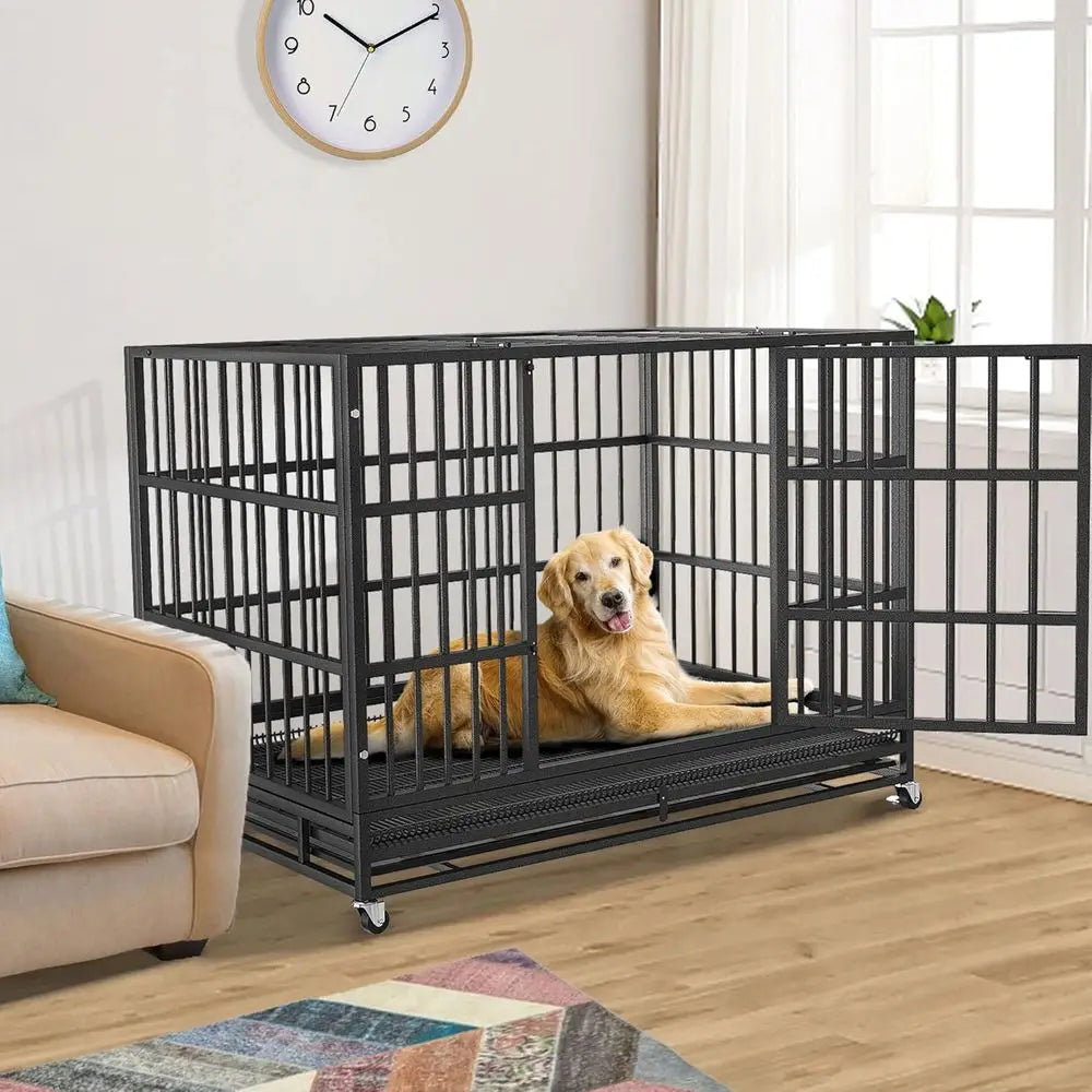 54/48/42/38 inch Heavy Duty Indestructible and Escape-Proof Dog Crate Cage Kennel for Large Dogs, High Anxiety Dog Crate with Re
