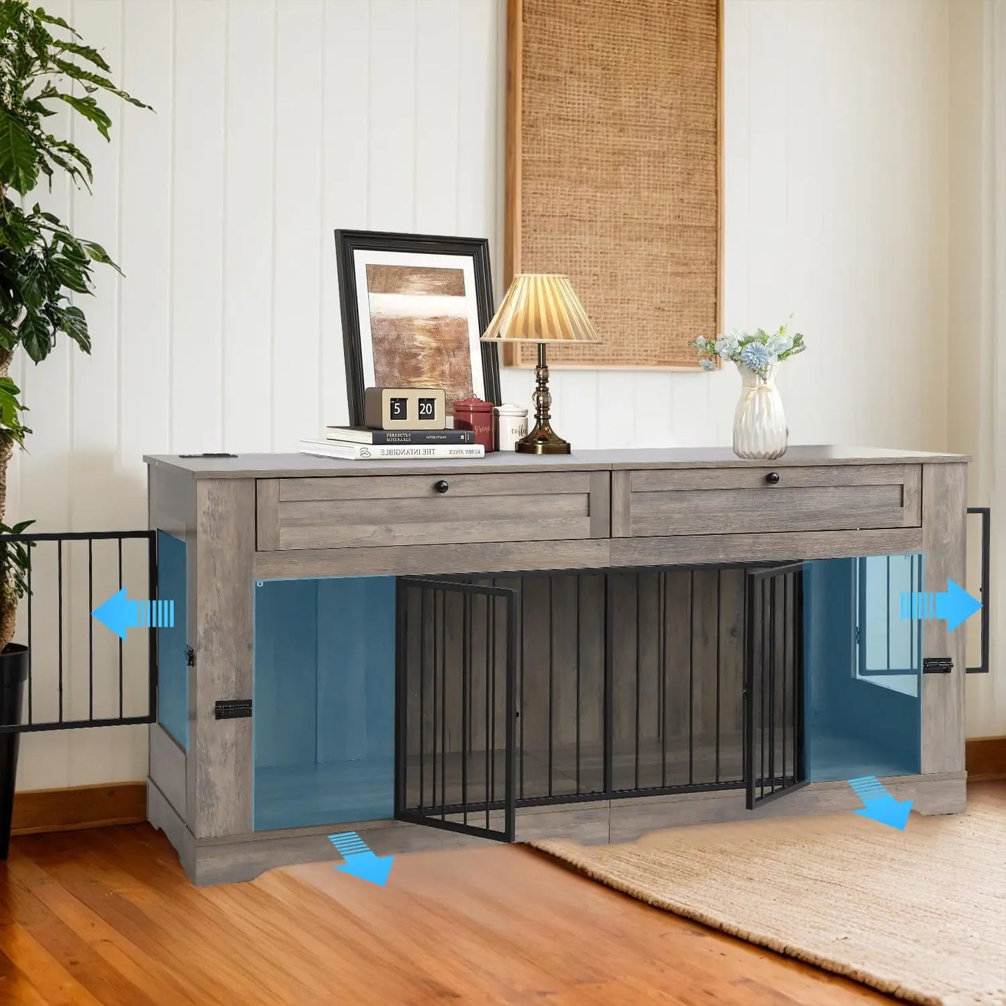 Large Heavy Duty Wooden Dog Crate Furniture End Table with Charging Station & Drawers for Indoor Pet House, 70.86'', Custom