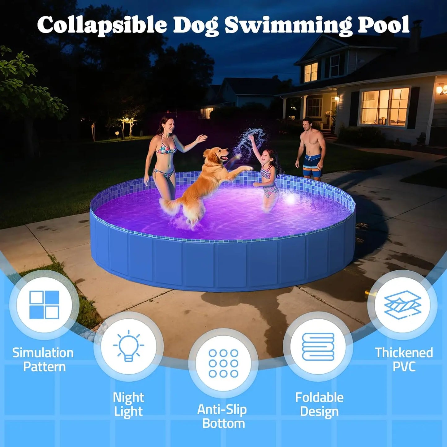 Foldable Dog Pool with RGB LED Light, 94" Collapsible Hard Plastic Kiddie Swimming Pool with Remote for Small Medium Large Doggi