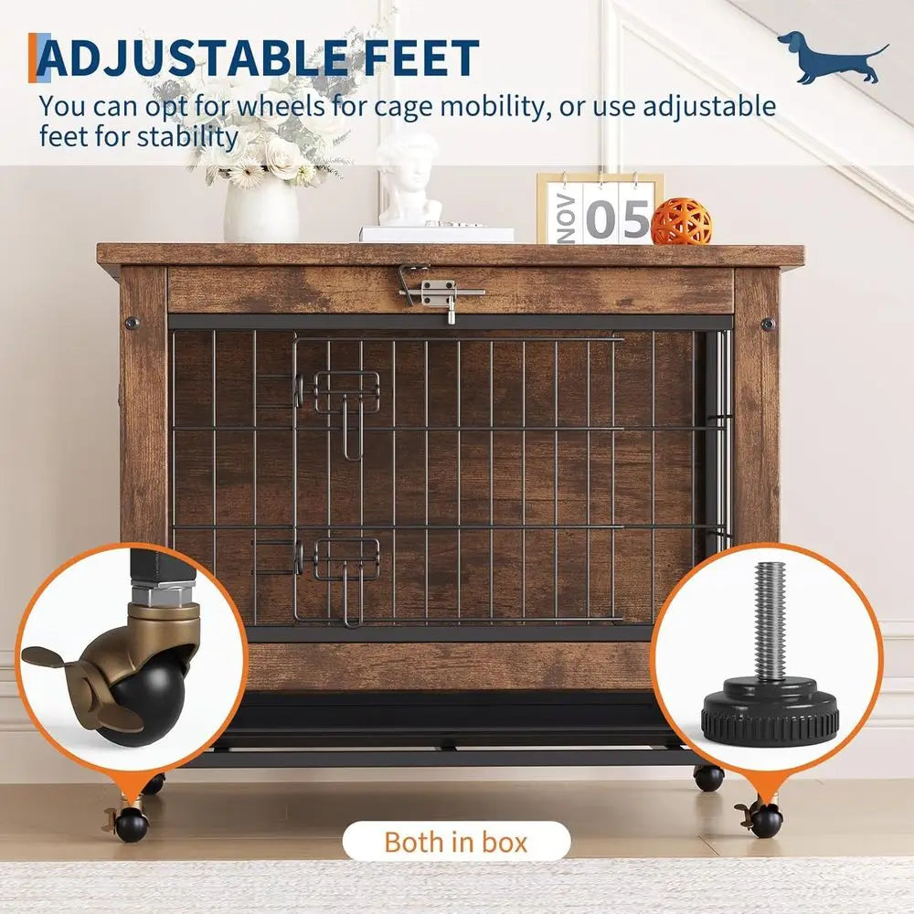Double-Door Pet Crate urniture, 26 Inch Wooden Dog Kennel with Removable Tray, Indoor Dog House Table or Small Medium Dogs, Chew