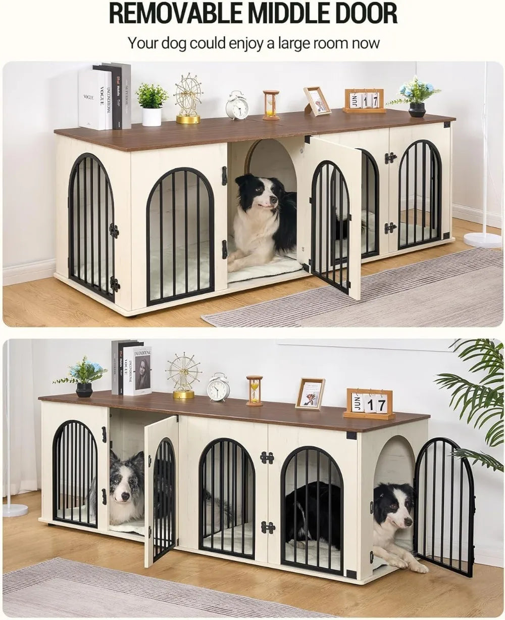 71" Heavy Duty Indoor Dog Kennel Furniture for 2 Dogs, XL Wooden Cage with Divider, TV Stand End Table, White Brown