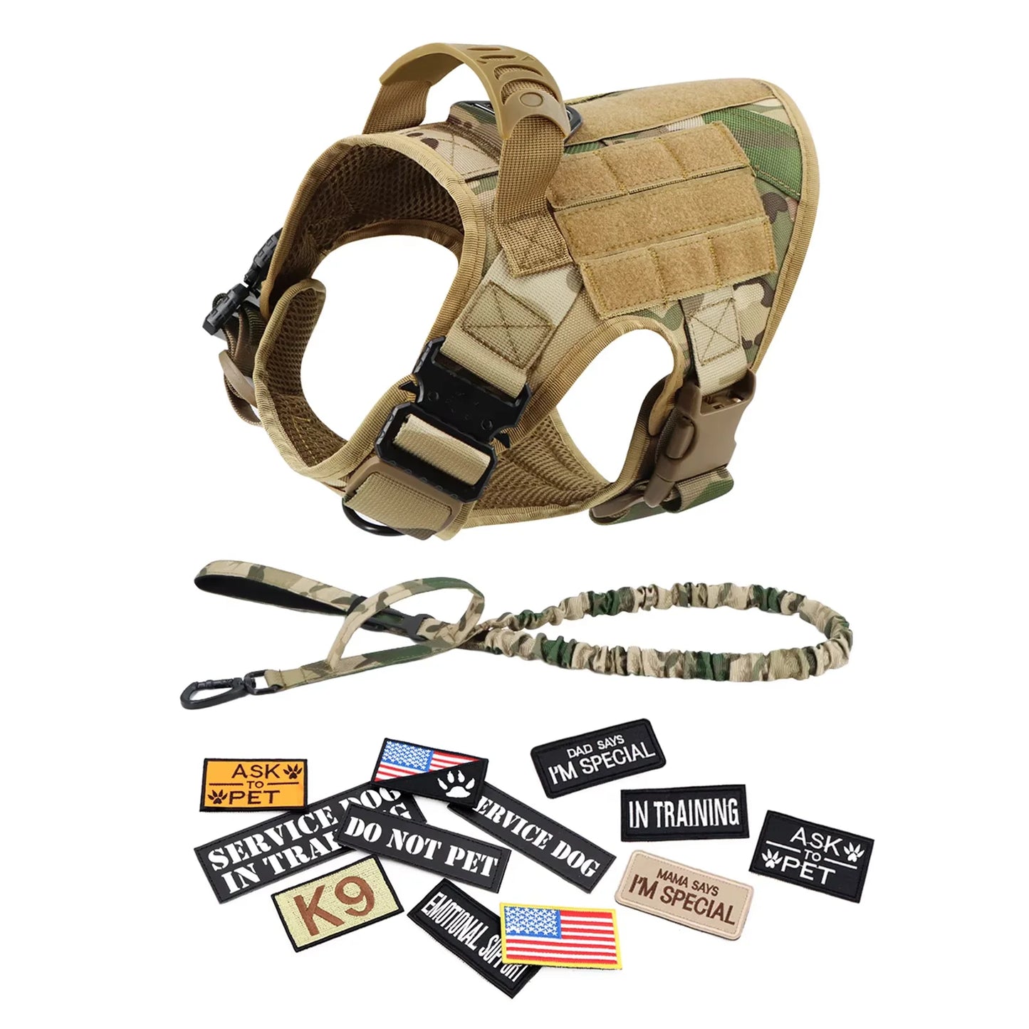 Military Large Dog Harness Collar Leash Bags Patches Set Pet Malinois Training Vests Tactical Dogs Harnesses Accessories
