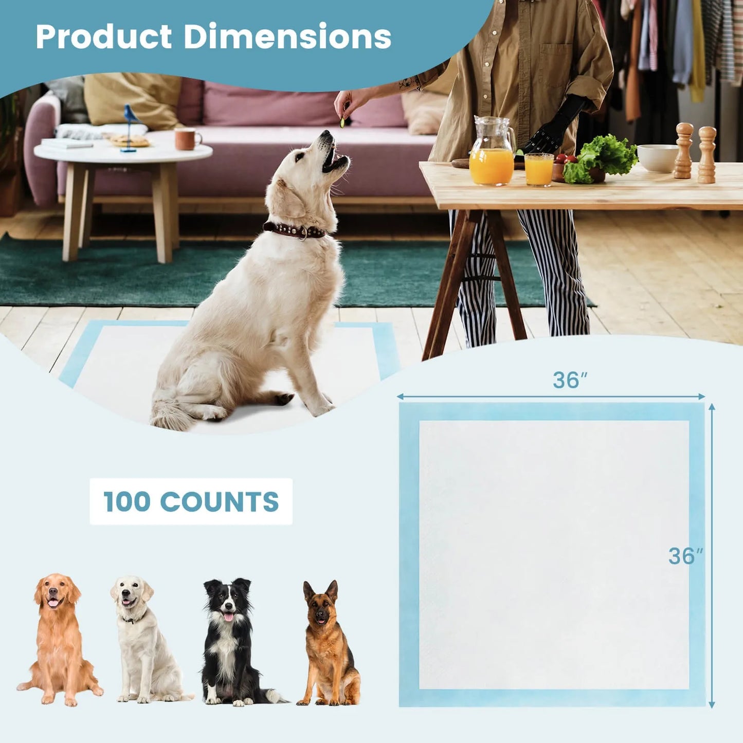36"x 36"(100 Counts) Dog Potty Training Pads Puppy Pee Pads w/ Quick-Drying