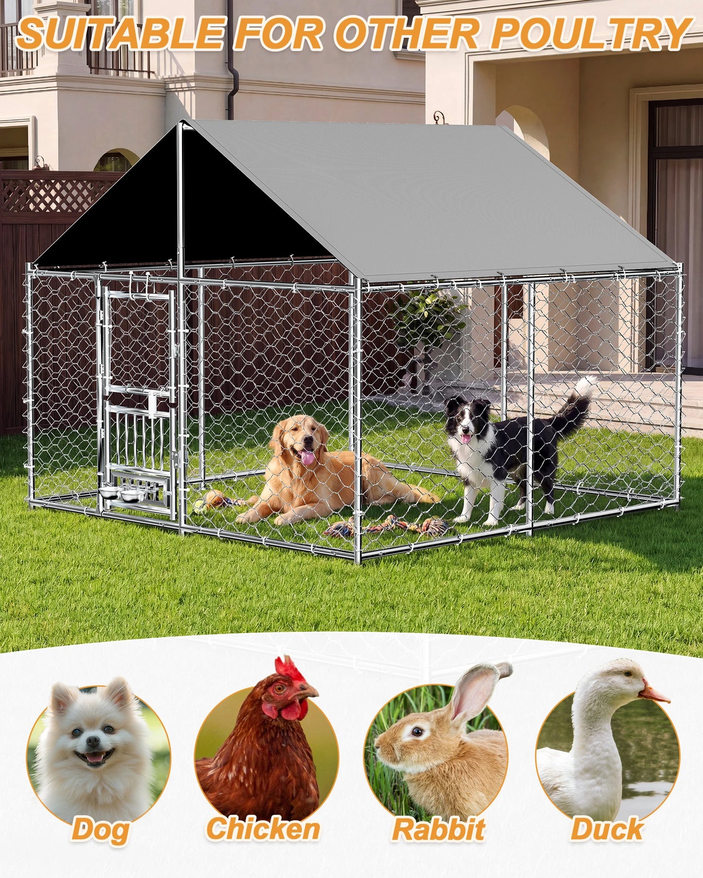 7.5 x 7.5ft Large Outdoor Dog Kennel with Rotating Feeder, HeavyDuty Dog Runs with Roof, Pet Playpen with Double Doors&Secure Lo