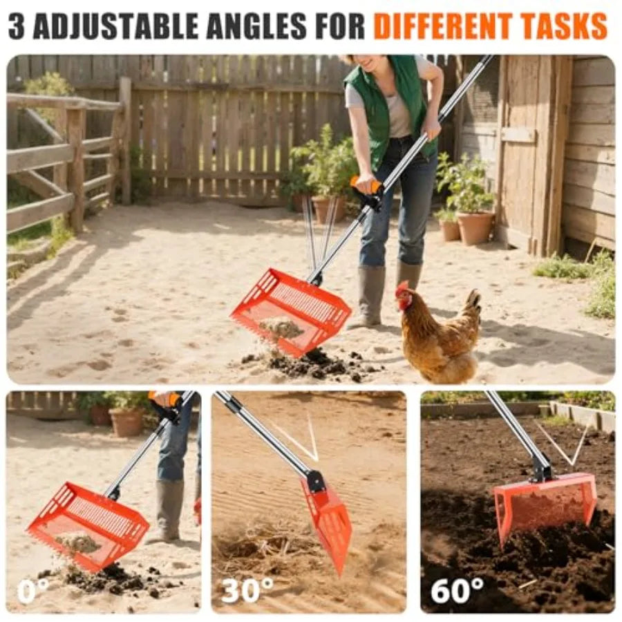 4 IN 1 Chicken Coop Scooper with 2 Large Metal Shovel Heads Long Handle Sifting Shovel for Sand Chicken Poop Scooper Rake Suita