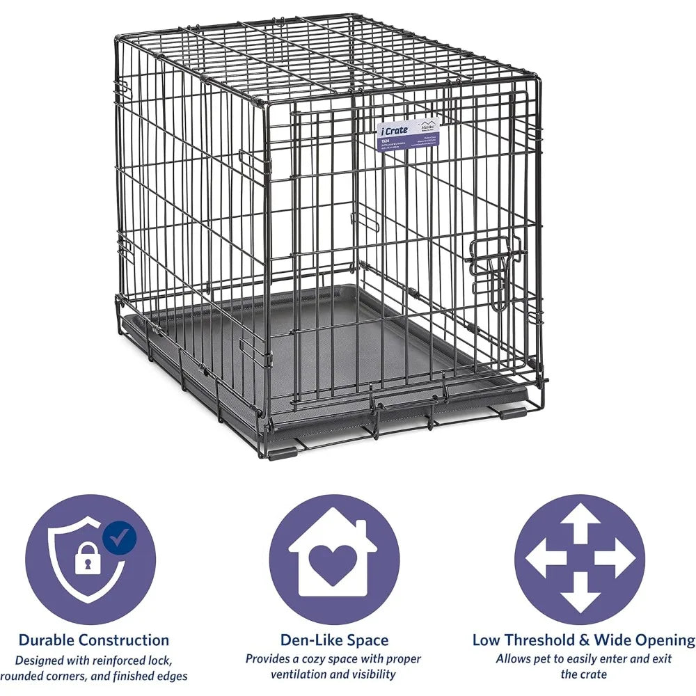 24in Folding Dog Crate w/Divider, Leak-Proof Tray, Secure Latch, Portable, Easy Setup, Small Dogs 12-20 lbs