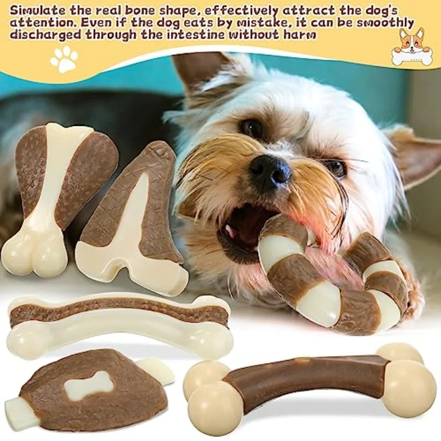 6 Pieces Chew Toys for Aggressive Chewers Real Beef Flavor Dog Teething Chew Bones for Breed Puppies Pet Toy with Durable Nylon