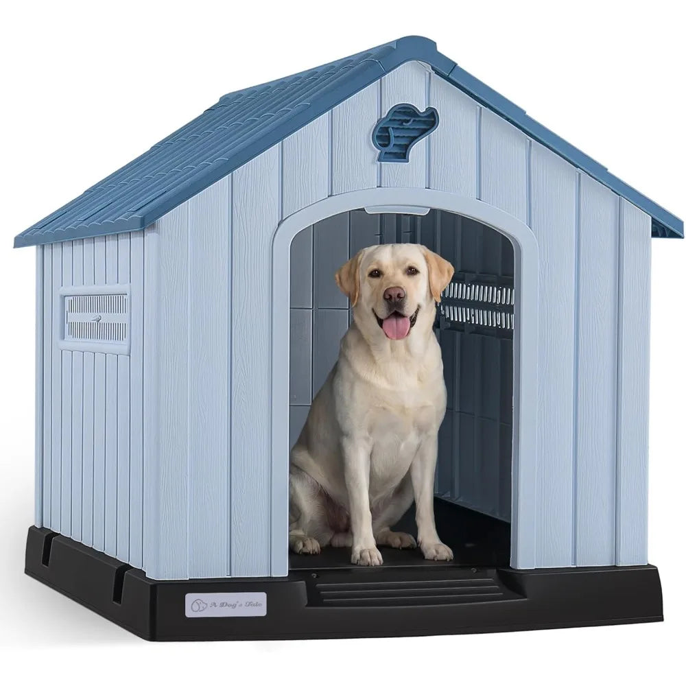 Large Plastic Dog House for Medium Large Dogs, Durable Waterproof Indoor Outdoor Doghouse with Air Vents and Elevated Floor