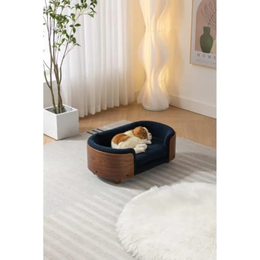 Scandinavian Style Elevated Dog Bed Pet Sofa with Solid Wood Legs Walnut Bentwood Frame Cashmere Cushion Small Size Modern Mini