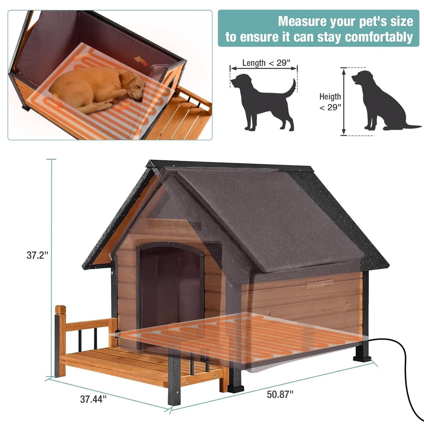 Insulated Heated Dog House Weatherproof Outdoor Kennel Chew-Resistant Iron Frame Asphalt Roof Wood XL Custom