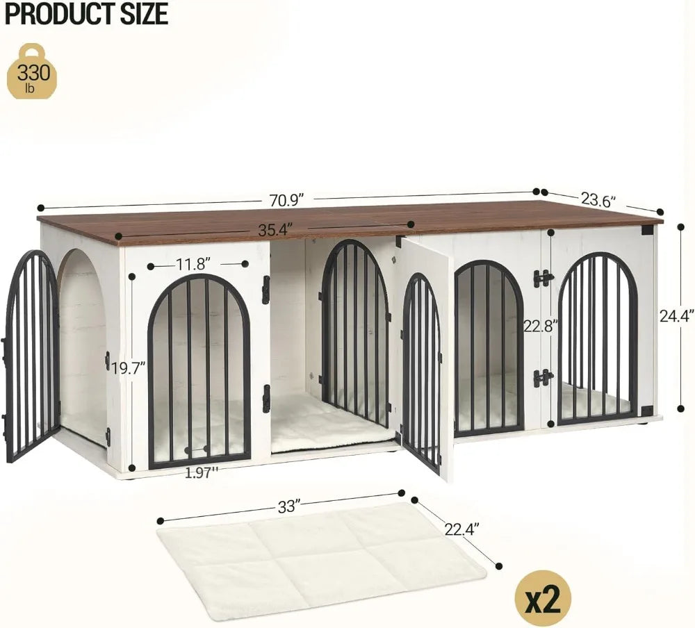 71" Heavy Duty Indoor Dog Kennel Furniture for 2 Dogs, XL Wooden Cage with Divider, TV Stand End Table, White Brown