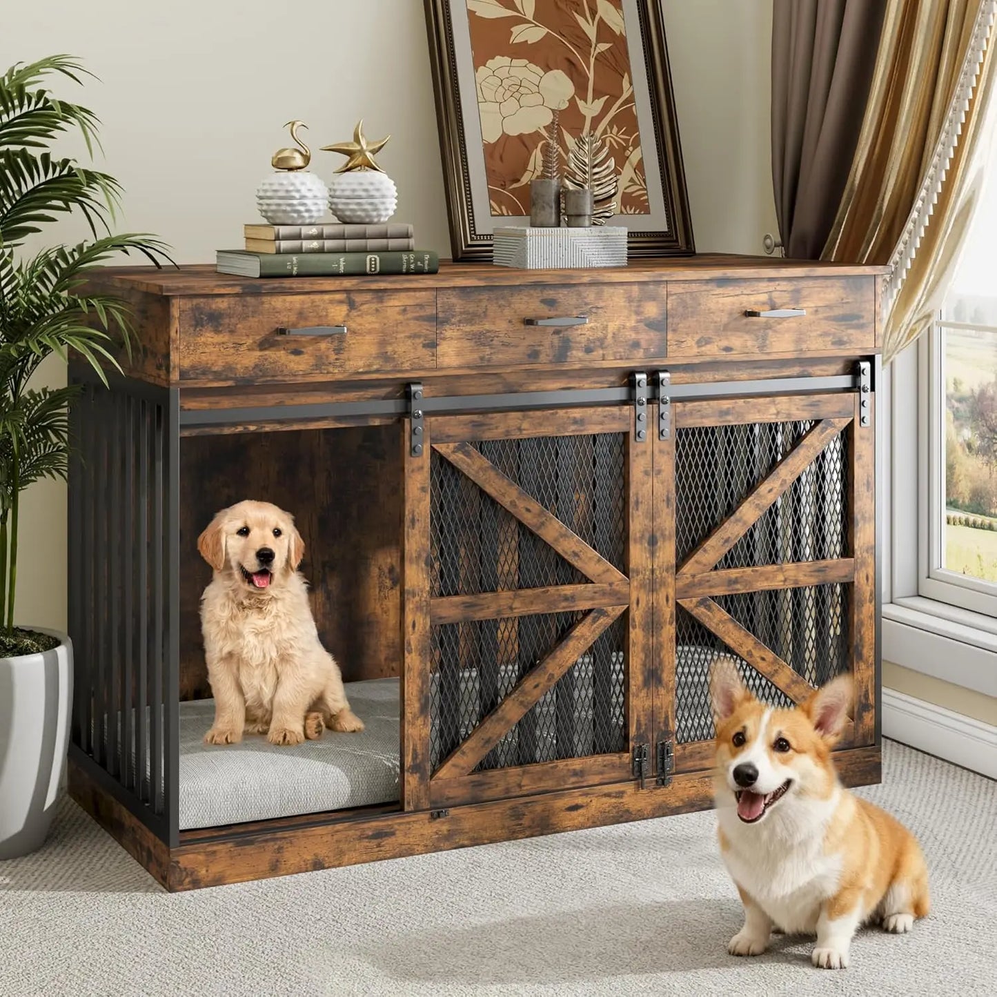 48 Inch Large Dog Crate Furniture with 3 Storage Drawers, Wooden Pet Kennel with Removable Divider