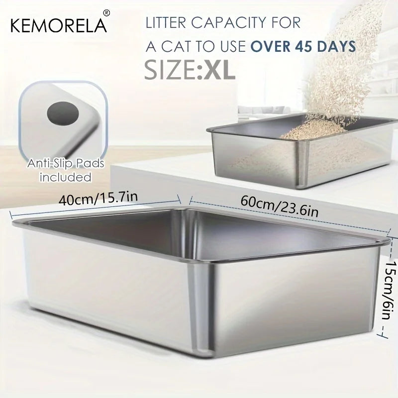1PC 6-Inch LStainless Steel Cat Litter Box with Scoop Pedal - Extra Large High-Sided Rectangular Design Non-Stick Easy-Clean