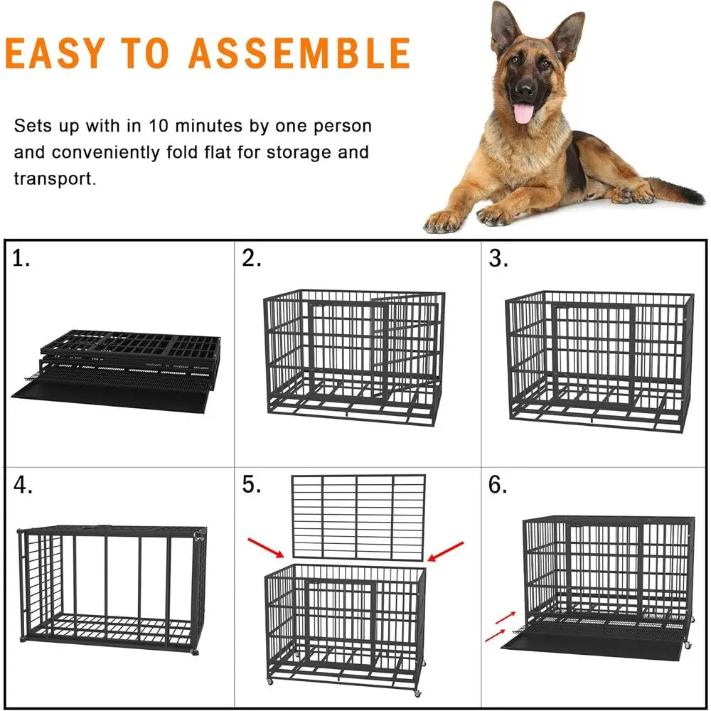 54/48/42/38 inch Heavy Duty Indestructible and Escape-Proof Dog Crate Cage Kennel for Large Dogs, High Anxiety Dog Crate with Re