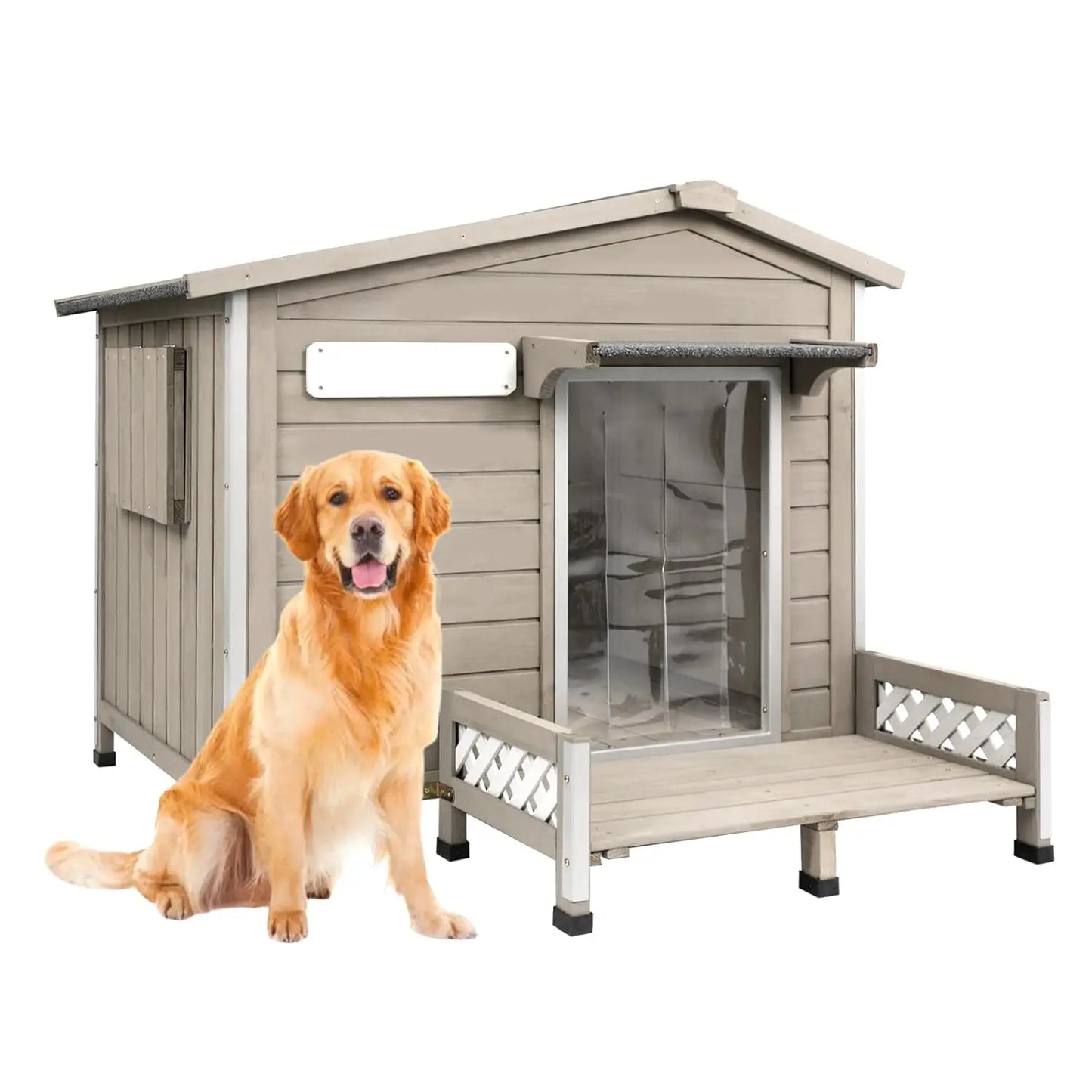 Weatherproof Dog House Outdoor Wooden Chew-Proof Iron Frame, Removable Floor and Adjustable Window for Small Medium, Customized