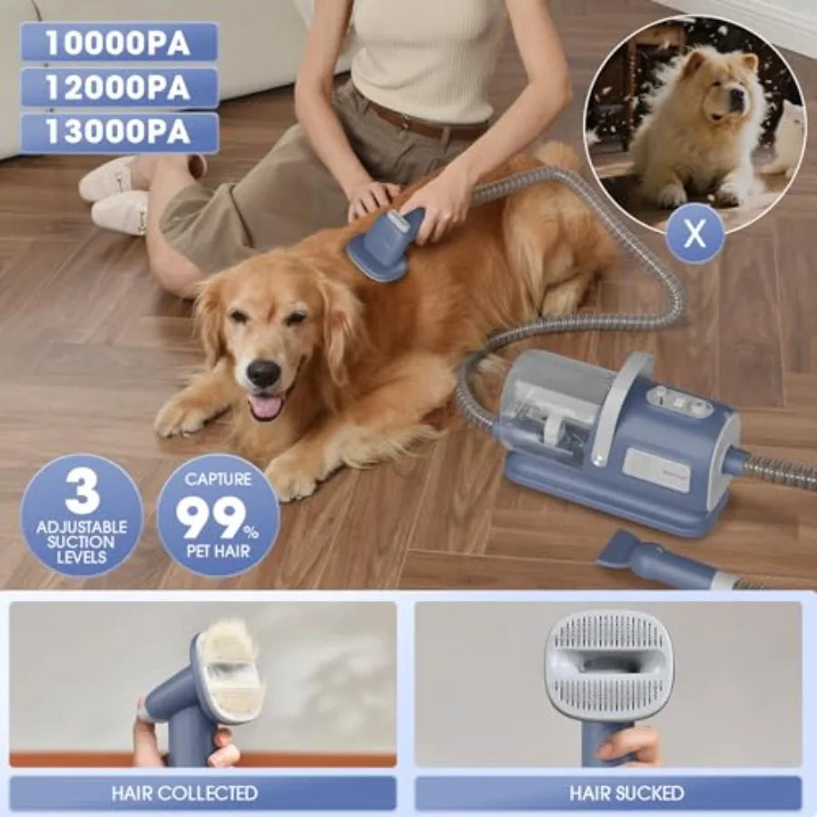 7 in 1 Dog Grooming Vacuum and Dryer Kit with Clippers for Pet Hair Shedding Brush Remover Tools at Home Blue Grey