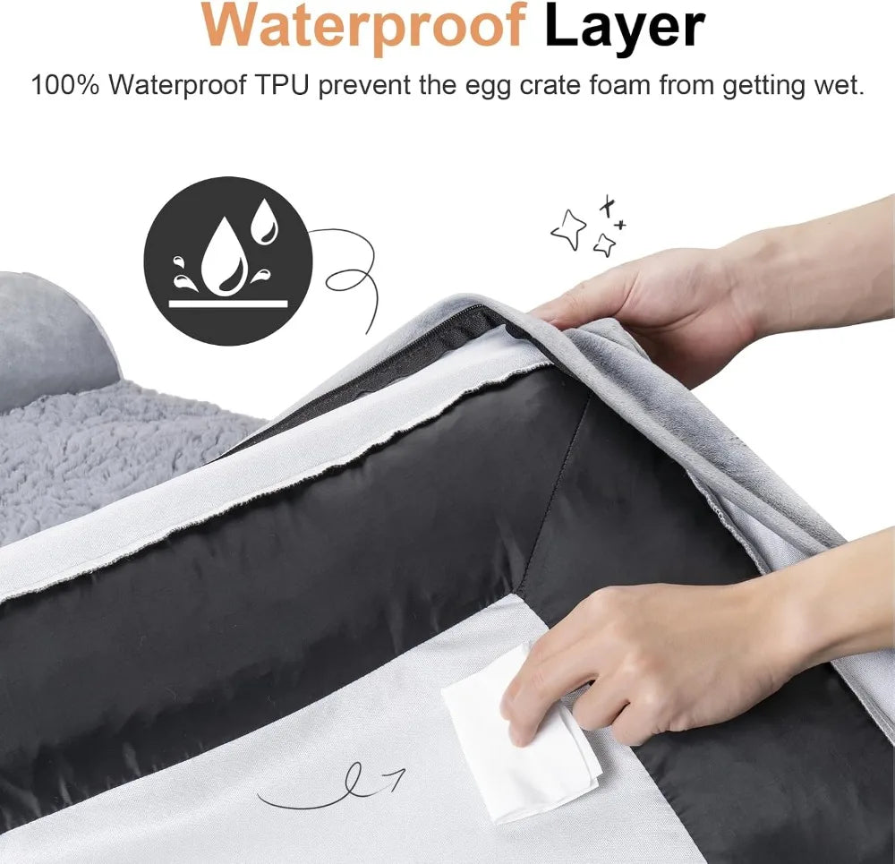 Orthopedic Dog Bed for Large Dogs, 36x27in, Light Grey, Egg Crate Foam, 3-Sided Bolster, Waterproof, Washable