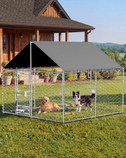 7.5 x 7.5ft Large Outdoor Dog Kennel with Rotating Feeder, HeavyDuty Dog Runs with Roof, Pet Playpen with Double Doors&Secure Lo