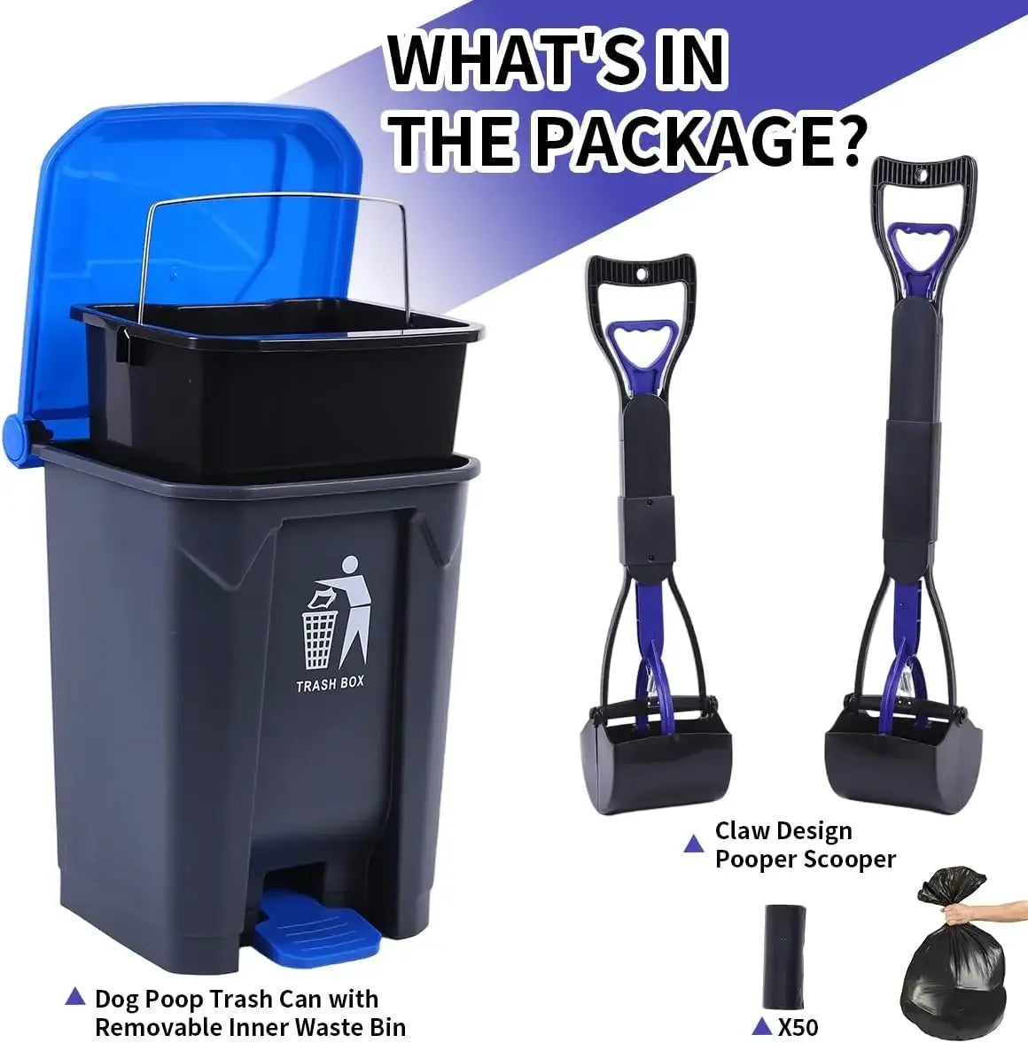 Pooper Scooper 2 Pack with 20 Litre Step Dog Poop Trash Can, 28" Long Handle Dog Poop Scoopers for Large Small Dogs Heavy Duty,