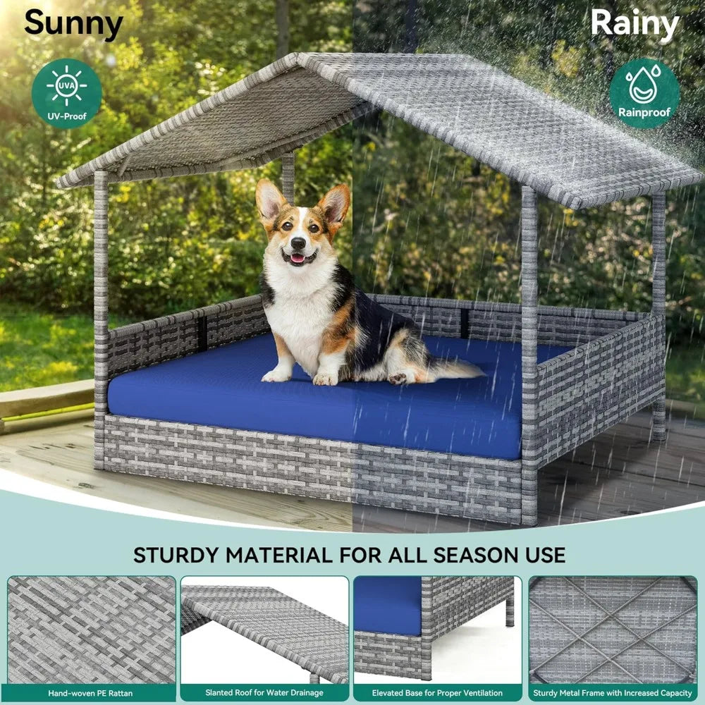 Large Wicker Dog House with Cushion Outdoor Indoor Rattan Doghouse Elevated Raised Dog Bed with Canopy Water Unaffected