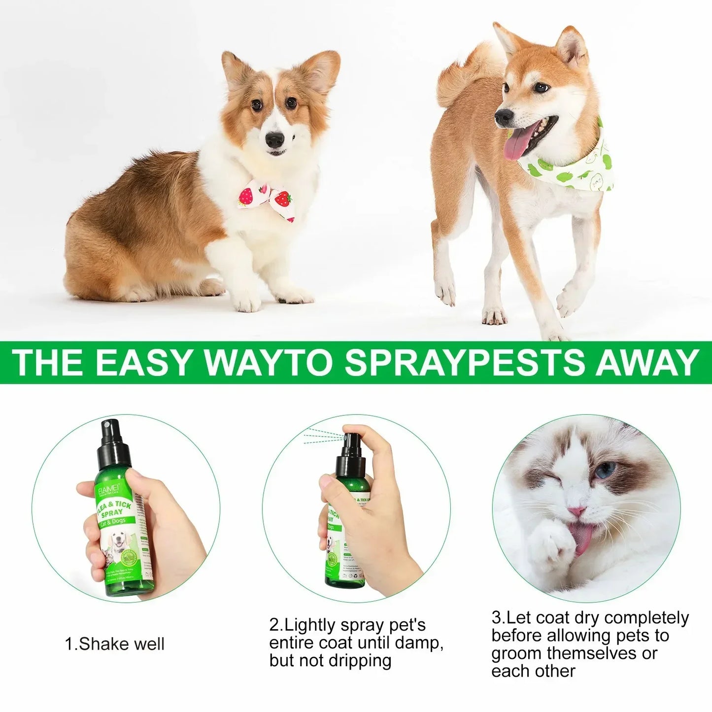 100ml Natural Pet Care Topical Flea&Tick Spray Remover for Dogs&Cats with Fresh Fragrance Peppermint Oil and Eugenol