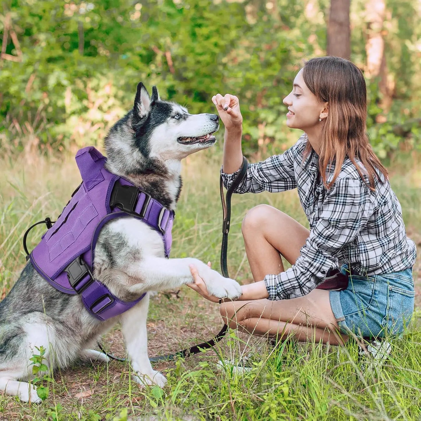 Purple Tactical Dog Harness for Large Dogs, Heavy Duty No Pull with Handle, Adjustable Reflective Vest for Husky, Doberman