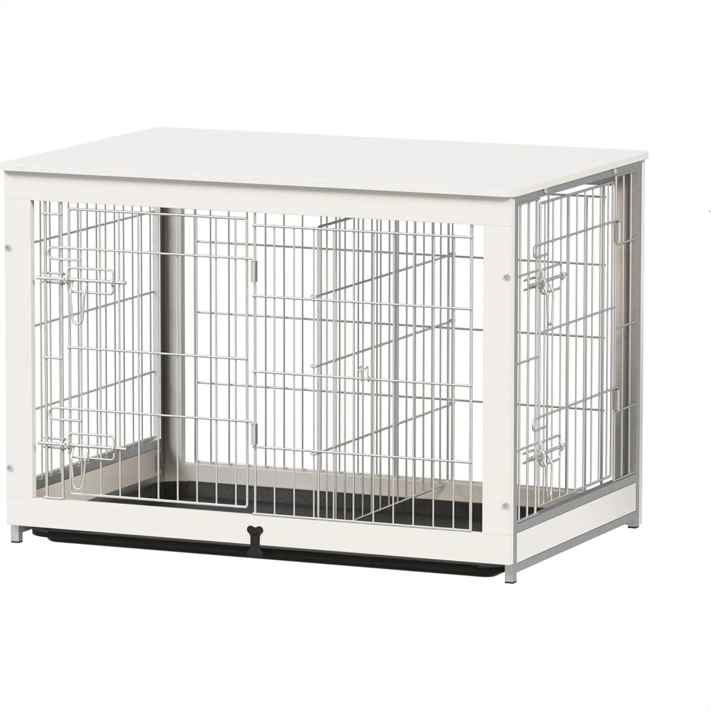Wooden Dog Crate Furniture with Divider Panel, Double Doors End Table for Medium Dogs, Indoor Dog Kennel with Removable Tray,