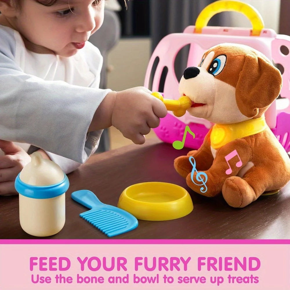 JOYFY Play Puppy Dog Toys with Carrier & Accessories Plush Dog with Interactive Button Lights Sounds or Kids Birthday Gifts