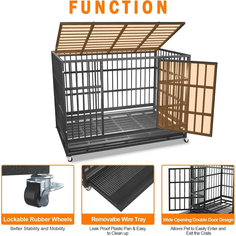 54/48/42/38 inch Heavy Duty Indestructible and Escape-Proof Dog Crate Cage Kennel for Large Dogs, High Anxiety Dog Crate with Re