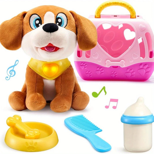 JOYFY Play Puppy Dog Toys with Carrier & Accessories Plush Dog with Interactive Button Lights Sounds or Kids Birthday Gifts