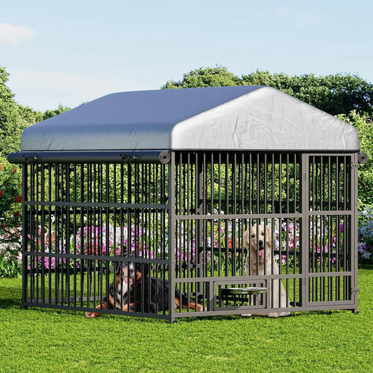 Outdoor Dog Kennel with Cover, 6.6 x 6.6 x 6.4 ft Dog Kennel Outside with Waterproof Roof and Rotating Feeding, Customized